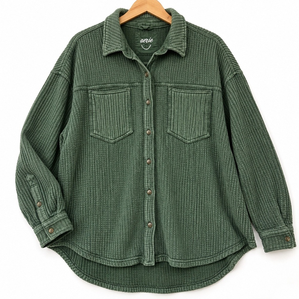 Aerie Women XL Forest Green Waffle Knit Oversized Button Down Shacket Shirt